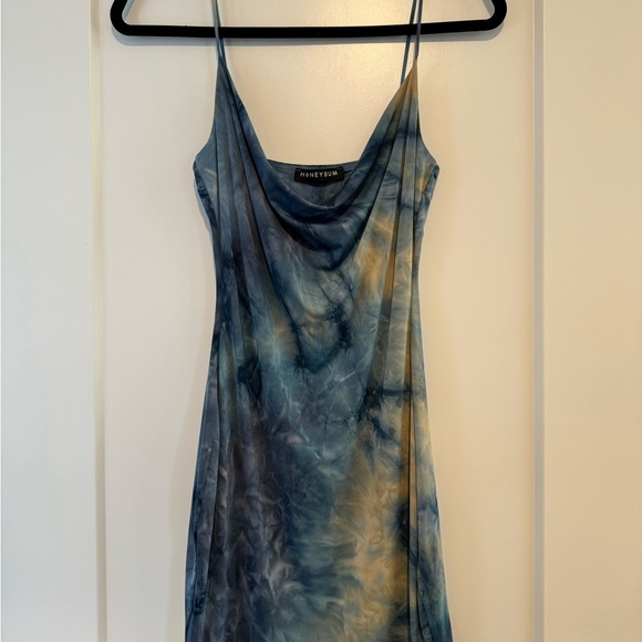 Honeybum Blue Mini Tie-Dye Cowl Neck Slip Dress - Picture 1 of 4